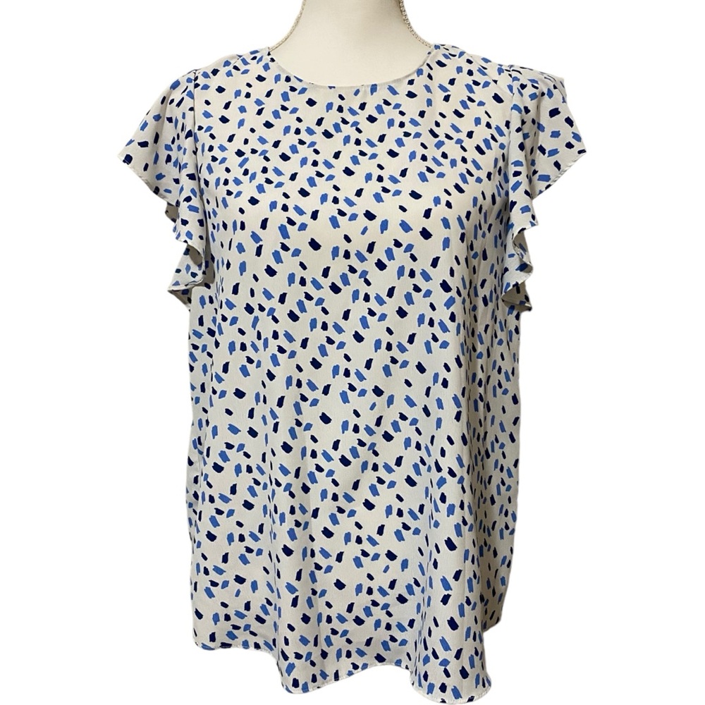 Naked Zebra Women's Medium White Blue Dotted Speckled Short Sleeve Blouse Top